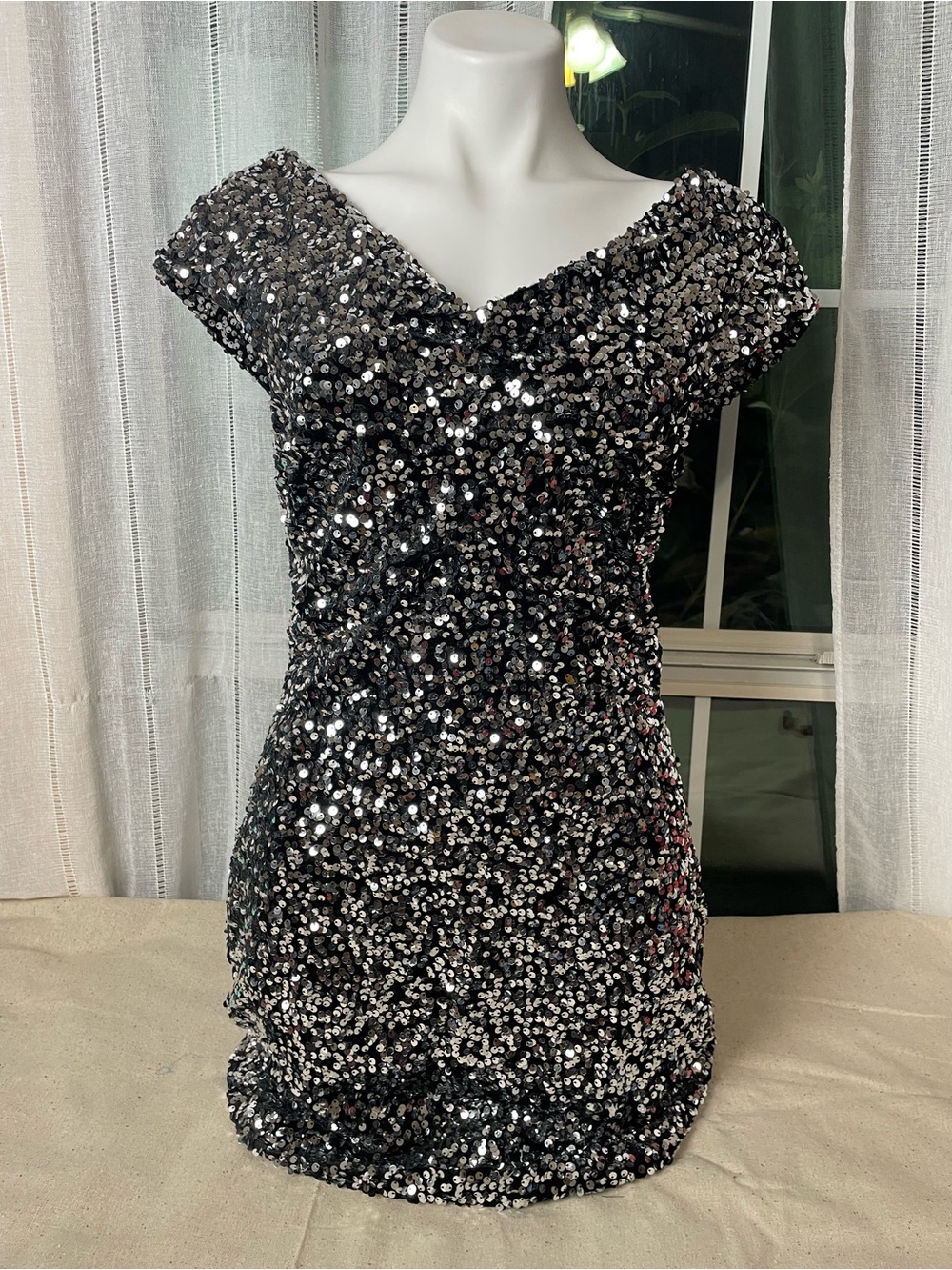 Love Riche Silver Sequin V-Neck Mini Dress